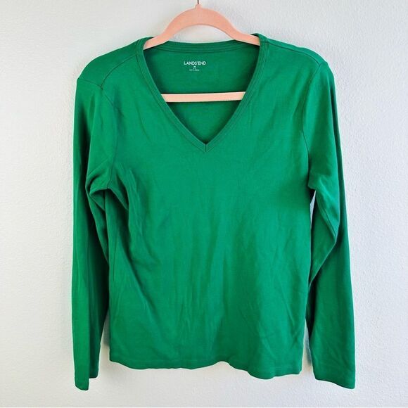 Lands End Green V Neck Long Sleeve Tee - Picture 1 of 3